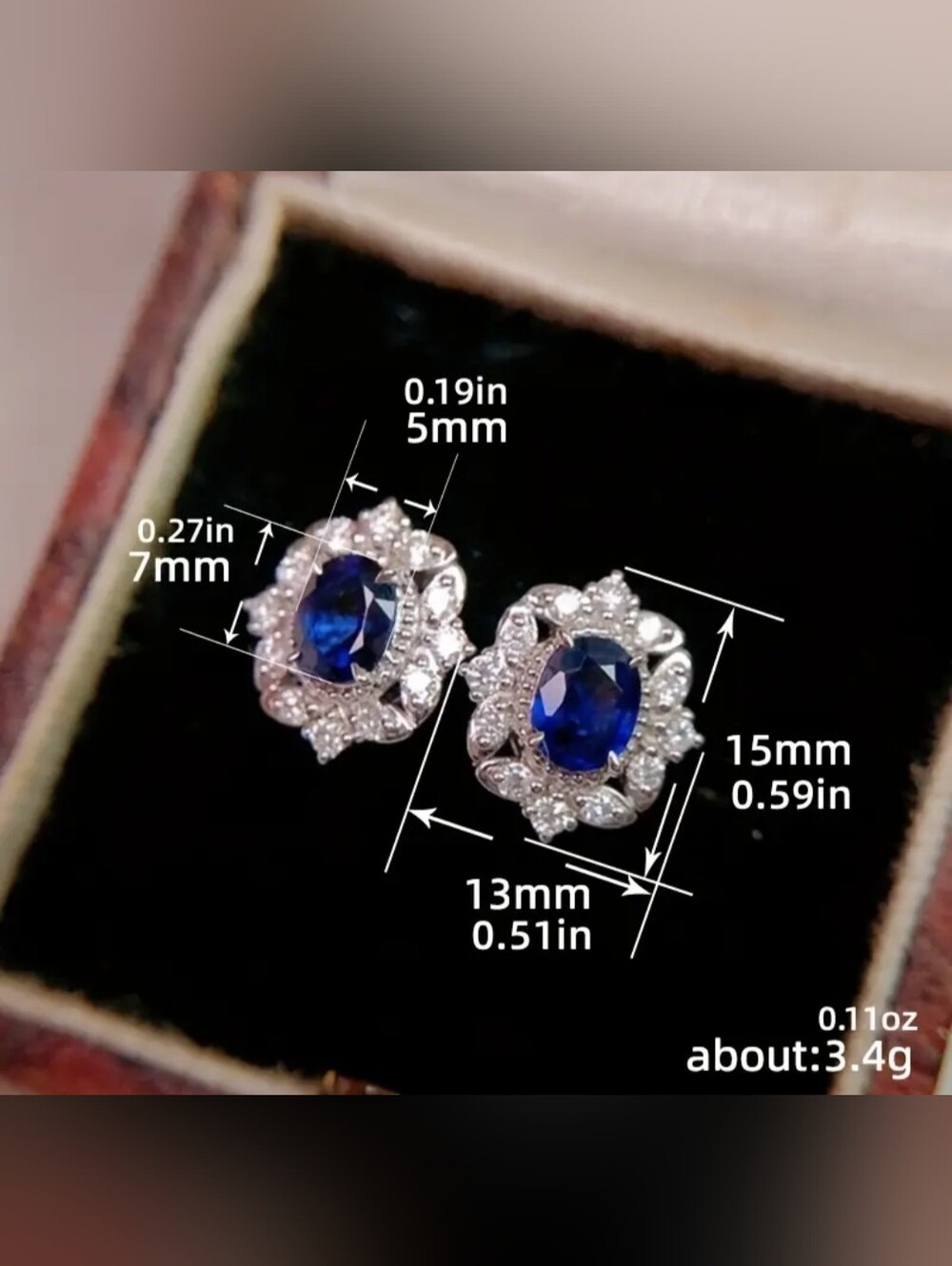 White Rhodium Blue Sapphire Halo Stud Earrings - Picture 4 of 4